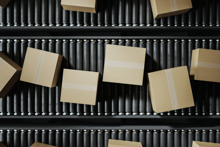 Box on conveyor platform used for sorting items